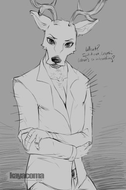 annoyed anthro antlers belt blazer bottomwear clothed clothing crossed_arms horn jacket looking_at_viewer male neck_tuft open_blazer open_clothing open_jacket open_topwear pants ring simple_background solo talking_to_viewer text topwear tuft kayacoma beastars louis_(beastars) deer mammal 2026 greyscale hi_res monochrome watermark
