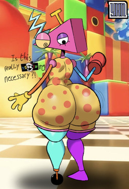 ambiguous_gender big_butt bottom_heavy butt butt_focus censored_text clothing dialogue gloves handwear huge_butt lidded_eyes logo looking_at_own_butt mismatched_body_parts narrowed_eyes polka_dots rear_view screencap screencap_background skinsuit solo standing text tight_clothing unusual_anatomy wheel wide_hips yanafterdark glitch_productions the_amazing_digital_circus zooble_(tadc) humanoid 2026 artist_logo digital_drawing_(artwork) digital_media_(artwork) english_text full-length_portrait hi_res portrait nonbinary_(lore)