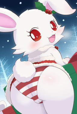 anthro blush bottomwear butt christmas_clothing clothing female female_anthro fur holidays looking_at_viewer looking_back looking_back_at_viewer panties pattern_bottomwear pattern_clothing pattern_panties pattern_underwear red_eyes snow snowing solo striped_bottomwear striped_clothing striped_panties striped_underwear stripes underwear white_body white_fur bluehiyokobunny christmas jewelpet sanrio sega sega_fave ruby_(jewelpet) lagomorph leporid mammal rabbit absurd_res hi_res
