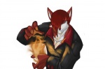 5_fingers anthro clothed clothing fingers fire front_view fur hair hair_over_eye jacket looking_at_viewer male one_eye_obstructed red_body red_eyes red_fur red_hair simple_background solo topwear white_background white_body white_fur dossun king_of_fighters erikku iori_yagami canid canine fox mammal