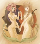 accessory breasts convenient_censorship duo female female/female hair hair_covering_breasts headband nipples nude standing unknown_artist code_geass spice_and_wolf holo_(spice_and_wolf) kallen_kouzuki kallen_stadtfeld animal_humanoid canid canid_humanoid canine canine_humanoid canis humanoid mammal mammal_humanoid wolf wolf_humanoid crossover