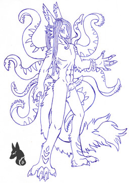 abs anthro balls biped claws erection feet fluffy fluffy_tail fur genitals hair knot long_ears long_hair long_tongue male muscular muscular_anthro muscular_male navel nude paws penis simple_background solo standing tail tentacles tongue tongue_out white_background wristband tsuanuta monster blue_and_white monochrome source_request