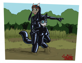 anthro blue_eyes bodysuit breasts carrying_another clothing duo eyebrows eyelashes eyewear eyewear_on_head female goggles goggles_on_head horn latex latex_clothing latex_skinsuit male mud open_mouth outside piggyback plant skinsuit tight_clothing tree goatsludge cyrus_mackenzie bovid canid canine caprine fox goat mammal 2026 hi_res