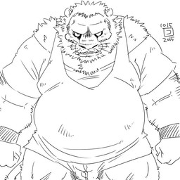 anthro belly biped bulge kemono male overweight overweight_male simple_background solo white_background wrestling_singlet conoji felid mammal 1:1 2015 monochrome