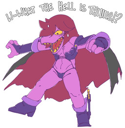 anthro armor bikini_armor boots breasts cape cleavage clothed clothing cosplay crossover_cosplay dialogue female footwear hair hair_over_eye sharp_teeth shocked shoes simple_background solo teeth text unconvincing_armor white_background 4chan_anon unknown_artist brandish_(game) deltarune undertale_(series) dela_delon susie_(deltarune) reptile scalie 2026 crossover english_text hi_res