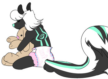 anthro black_body black_fur bunnyhopps_(diaper) clothed clothing diaper diaper_only eyes_closed femboy fur hair male plushie relaxing short_hair simple_background skunk_tail sleeping solo teal_body teal_fur topless wearing_diaper white_background clownin-n-frownin abuniverse bunnyhopps quilt_(clownin-n-frownin) mammal mephitid skunk hi_res