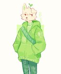 anthro black_eyes blush blush_lines clothing floppy_ears fur green_clothing green_hoodie green_topwear hoodie looking_aside male slim_anthro slim_male solo sprout_(plant) standing topwear white_body white_fur bunonthemoon canid canine canis domestic_dog mammal 2023