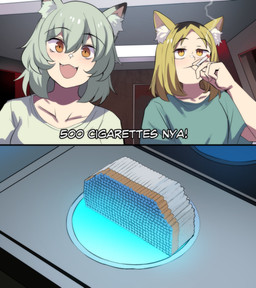 2_panel_comic :3 black_hair blonde_hair blunt cigarette drugs duo fangs female female_humanoid grey_hair hair inside marijuana messy_hair narrowed_eyes nya open_mouth open_smile pile pupils short_hair slit_pupils smile smoke smoking smoking_marijuana teeth text yellow_eyes princess_hinghoi chainsmoker_cat the_orville yakuko_etsushimaru yaniko_satou animal_humanoid felid felid_humanoid feline feline_humanoid humanoid mammal mammal_humanoid 2026 digital_drawing_(artwork) digital_media_(artwork) english_text hi_res meme