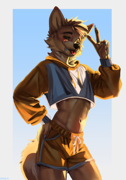 anthro blush bottomwear brown_body brown_fur brown_hair claws clothed clothing crop_top cropped_hoodie drawstring facial_tuft fur gesture hair hand_gesture hoodie hotpants looking_at_viewer male midriff navel open_mouth pose shirt shorts simple_background smile solo standing tail tan_body tan_fur teeth tongue tongue_out topwear tuft v_sign yellow_eyes milajanh canid canine fox mammal 2025 absurd_res digital_media_(artwork) hi_res