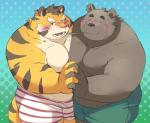 anthro belly blush clothing duo eyes_closed food hand_holding male male/male overweight overweight_male underwear ayame42612 pocky bear felid mammal pantherine tiger 2019