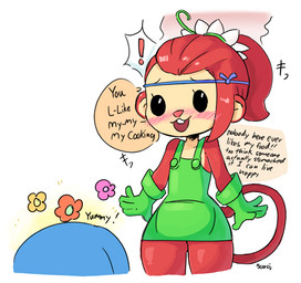 anthro apron blue_hair blush buckteeth clothing duo eyelashes female fur gloves hair handwear happy red_body red_fur red_hair smile solo_focus speech_bubble teeth text wide_hips scorci maplestory nexon simia_(maplestory) haplorhine mammal monkey primate english_text