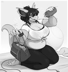 anthro belly big_breasts black_hair bottle bottomwear breasts clothing container exercise_ball female front_view gym_bag hair huge_breasts midriff notched_ear pants pouring_onto_self shirt slightly_chubby slightly_chubby_anthro slightly_chubby_female smile solo tail thick_tail thick_thighs tied_shirt topwear water_bottle wet wet_clothing wet_shirt wet_topwear yoga_pants iriedono nintendo pokemon generation_1_pokemon nidorina pokemon_(species) greyscale hi_res monochrome