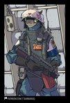 ambiguous_gender anthro armor assault_rifle blue_clothing brown_body clothing elbow_pads electronics gloves green_eyes gun handwear headgear helmet insulation neck_protection pouch_(clothing) radio ranged_weapon rifle shoulder_armor solo text visor weapon wire darbaras lizard reptile scalie hi_res url