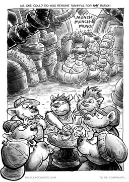 anthro armor belly cheese clothed clothing dairy_products detailed_background eating food hat headgear headwear helmet male overweight overweight_male text jwbalsley boss_rat chester_the_rat stinky_the_rat mammal murid murine rat rodent 2025 comic english_text hi_res monochrome