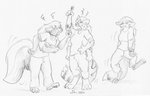 anthro bottomwear clothing digitigrade female group multi_arm multi_limb pants plantigrade shirt standing topwear cervelet canid canine felid fox mammal mephitid pantherine skunk snow_leopard monochrome