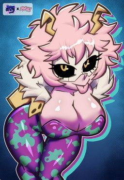 abstract_background antennae_(anatomy) big_breasts black_sclera bodysuit breasts cleavage clothed clothing eyelashes female hair horn looking_at_viewer mask pink_hair short_hair skinsuit solo superhero thigh_gap tight_clothing tongue tongue_out wide_hips yellow_eyes azraqshinji paraiiaxfused my_hero_academia ashido_mina horned_humanoid humanoid quirked_human_(my_hero_academia) 2026 hi_res