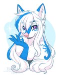 anthro blue_body blue_fur blue_hair ear_piercing ear_ring fur hair looking_at_viewer multicolored_body multicolored_fur piercing pink_nose purple_eyes ring_piercing simple_background smile solo white_body white_fur white_hair ei-ka snowflake_frostine_mclee canid canine canis mammal wolf 2021 bust_portrait digital_media_(artwork) portrait