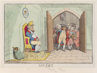 anthro barrel chair clothing crowd crown door female footwear furniture gothic_architecture group gunpowder hair hat headgear headwear inside lamp lantern male on_chair political_cartoon politics rococo_clothing sack sash shoes sitting sitting_on_chair sitting_on_throne slightly_chubby text throne wall_(structure) wearing_crown white_hair james_gilray public_domain augustus_keppel charles_james_fox charles_lennox edmund_burke george_iii john_dunning john_wilkes william_petty asinus canid canine donkey equid equine fox human mammal ancient_art english_text handwritten_text hi_res latin_text