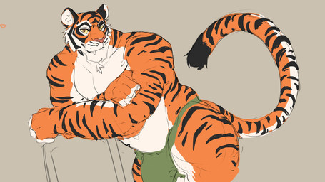 amber_eyes anthro arm_support barazoku biceps bulge clothed clothing crossed_arms fangs fur green_clothing green_underwear inner_ear_fluff male musclegut muscular muscular_anthro muscular_male one_leg_up pecs pose quads raised_leg sharp_teeth skimpy solo striped_body striped_fur stripes tail teeth thong triceps tuft underwear underwear_only white_inner_ear_fluff reznozada epic_games fortnite oscar_(fortnite) bengal_tiger felid mammal pantherine tiger 2026 absurd_res hi_res pinup portrait sketch three-quarter_portrait