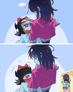 1_eye 3_panel_comic accessory age_difference ambiguous_gender biped black_hair blue_body blue_skin bow_ribbon carrying_another closed_smile clothed clothing crossbar_emanata cute_fangs duo ellipsis emanata eye_contact fangs female flower hair hair_accessory hair_bow hair_over_eyes hair_ribbon holding_another holding_knife holding_object kerchief knife logo looking_at_another mouth_closed neckerchief neckwear not_furry nuzzling onomatopoeia open_mouth open_smile plant red_eyes ribbons short_hair size_difference smile sound_effects speech_bubble teeth text harac deltarune undertale_(series) aqua_(deltarune) kris_dreemurr elemental_creature flora_fauna flower_creature human humanoid mammal seven_flowers 2026 artist_logo comic digital_drawing_(artwork) digital_media_(artwork) english_text hi_res watermark