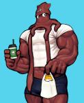 5_fingers abs anthro bag beverage biceps big_biceps big_muscles blue_background blue_body blue_clothing blue_markings blue_scales bottomwear clothed clothing coffee container cup drinking_straw fingers food front_view hair holding_container holding_cup holding_object huge_muscles light long_hair looking_at_viewer male manly markings multicolored_body multicolored_scales muscular muscular_anthro muscular_male navel noseless pecs pose pseudo_hair quads red_body red_scales scales scar shirt shorts simple_background solo standing swimwear symbol tentacle_hair tentacles topwear triceps two_tone_body two_tone_scales white_clothing plain_white samudra_aquarium calamari cephalopod coleoid decapodiform giant_squid marine mollusk scalie squid 2016 colored digital_media_(artwork) pinup portrait shaded three-quarter_portrait