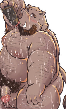 anthro balls beard belly big_belly biped blush bodily_fluids brown_body dildo eyebrows facial_hair flaccid genitals glans kemono male moobs navel nipples overweight overweight_male penis pubes sex_toy simple_background solo sweat tail tail_tuft tuft white_background dain_4201 mammal suid suine sus_(pig) wild_boar 2026 hi_res
