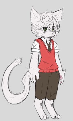 anthro black_nose bottomwear clothing digitigrade ears_up fur green_bottomwear green_clothing green_eyes green_shorts hair male messy_hair necktie open_mouth pawpads pink_pawpads red_clothing red_sweater red_topwear shirt short_sleeved_shirt shorts solo sweater topwear white_body white_fur nesuki-r ness_(nesuki-r) domestic_cat felid feline felis mammal 2017 hi_res signature