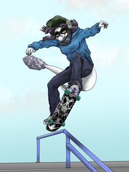 5_fingers accessory alternate_costume anthro baseball_cap black_claws black_hair blue_clothing blue_hoodie blue_topwear bottomwear claws clothing denim denim_bottomwear denim_clothing feathered_tail feathers female finger_claws fingers flower flower_in_hair footwear grey_body grey_feathers hair hair_accessory hat headgear headwear hoodie jeans long_hair long_tail midair outside pants plant scales sharp_teeth shoes skateboard smile snaggle_teeth sneakers solo tail tail_tuft teeth topwear tuft vehicle white_body white_scales yellow_eyes purplekatsnek cavemanon_studios i_wani_hug_that_gator lunara_(iwhtg) bambiraptor dinosaur dromaeosaurid feathered_dinosaur feathered_scalie prehistoric_species reptile saurischian scalie theropod 2024 3:4 digital_drawing_(artwork) digital_media_(artwork) hi_res