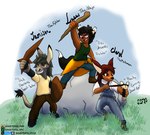 action_pose anthro black_boots black_clothing black_footwear black_hair black_nose blue_bottomwear blue_clothing blue_pants boots bottomwear brown_body brown_bottomwear brown_clothing brown_eyes brown_pants brown_skin clothed clothed_anthro clothed_male clothing curly_hair fantasy female footwear fox_ears fur grass grass_field green_clothing green_shirt green_topwear grey_body grey_fur grey_hair hair holding_melee_weapon holding_object holding_ranged_weapon holding_stick holding_weapon hooves male melee_weapon multicolored_body multicolored_fur multiple_poses overalls pants plant pose purple_eyes ranged_weapon red_hair sash shield shirt shoes simple_background slingshot smile smiling_at_viewer standing_on_another standing_on_object standing_on_rock stick text topwear weapon white_clothing white_shirt white_topwear wood wood_shield wooden_sword yellow_clothing yellow_sash yellow_shirt yellow_topwear young young_anthro young_female young_male sinisterslyfox cheryl_mulborrow jamison_jackson lucas_vulperosa animal_humanoid asinus canid canid_humanoid canine canine_humanoid deer donkey equid equine fox_humanoid humanoid mammal mammal_humanoid english_description english_text hi_res shaded soft_shading