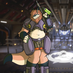 ambiguous_gender anthro armor belly claws fluffy freckles glistening glistening_eyes gun leg_markings markings ranged_weapon science_fiction slightly_chubby slightly_chubby_ambiguous smile solo tail thick_tail thick_thighs thigh_markings weapon kariwolf197 helldivers zoey_(kariwolf197) alien mamagen 1:1 hi_res gynomorph_(lore)