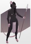 5_fingers black_body black_hair breasts bulge clothed clothing fingers gynomorph hair hi_res holding_object holding_weapon intersex khuraji mammal melee_weapon murid murine nipple_piercing nipples piercing pink_nose polearm rat rodent solo spear standing weapon