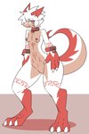 anthro breasts brown_body collar collar_only cuff_(restraint) featureless_crotch female horn markings nails nipples nude red_eyes restraints simple_background small_breasts solo thick_thighs white_body wide_hips kiukiu reptile scalie 2:3 absurd_res hi_res