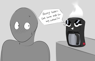 appliance asking black_body black_eyes black_text blush blush_lines bodily_fluids coffee_maker dialogue double_entendre duo eyelashes female flirting half-closed_eyes heart_symbol innuendo kitchen_appliance larger_human larger_male lidded_eyes looking_aside male male_human narrowed_eyes nervous nervous_sweat not_furry question question_mark questioning_tone reference_image_at_source size_difference smaller_female smile steam suggestive suggestive_dialogue suggestive_look sweat sweaty_face talking_to_another teasing term_of_endearment text white_eyelashes wide_eyed yes-no_question dibujito anon animate_inanimate human mammal 2025 absurd_res english_text hi_res