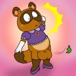 1:1 animal_crossing anthro balls big_balls biped blush bottomless brown_balls brown_body brown_fur canid canine clothed clothing crossdressing embarrassed exposed featureless_penis footwear fur genitals high_heels leaf male mammal nintendo nishi_oxnard penis pink_background purple_clothing purple_footwear purple_shoes raccoon_dog shocked shoes simple_background slightly_chubby small_penis solo tanuki tom_nook_(animal_crossing)