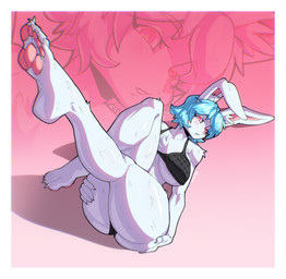 anthro barefoot big_breasts bikini blue_hair border breasts butt clothing eyebrow_through_hair eyebrows eyelashes feet female fur hair holding_butt long_ears looking_at_viewer pawpads pink_eyes pink_nose short_hair soles solo swimwear thick_thighs translucent translucent_hair two-piece_swimsuit under_boob white_body white_border white_fur zoom_layer sozokuu beatrice_(sozokuu) lagomorph leporid mammal rabbit 2025 absurd_res hi_res