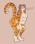 6_breasts anthro areola big_breasts breasts butt digitigrade english_text felid female fur green_eyes hair heifer_(artist) hi_res looking_at_viewer mammal mei_chengse multi_breast multi_nipple nipples nude pantherine pink_hair simple_background solo stripes text tiger whiskers