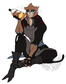 alcohol beverage blue_eyes bodypaint boots bottle bottomwear clothing container drunk face_paint female fingerless_gloves footwear gloves grin handwear muscular muscular_female pants sash shoes short-sleeve_shirt sitting smile substance_intoxication teeth zombie_maykr bioware electronic_arts mass_effect eliana_corvalis alien humanoid turian hi_res