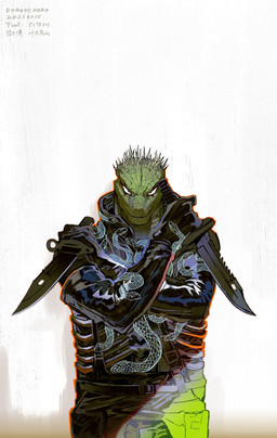 bottomwear clothed clothing gloves handwear head_spines jacket knife looking_at_viewer male pants simple_background solo standing topwear white_background c175311 dorohedoro kaiman_(dorohedoro) human hybrid lizard mammal reptile scalie digital_drawing_(artwork) digital_media_(artwork) hi_res portrait three-quarter_portrait