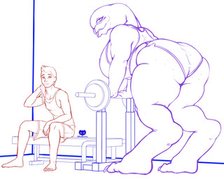 2_toes 5_fingers 5_toes anthro bent_over big_breasts big_butt bodily_fluids bottomwear breasts butt cellulite clothed clothing curvy_figure digitigrade duo exercise feet female fingers gym hair hotpants huge_breasts huge_butt larger_anthro larger_female looking_at_another looking_at_viewer looking_back male muscular muscular_male overweight overweight_anthro overweight_female presenting presenting_hindquarters seductive shirt shorts simple_background sitting size_difference slightly_chubby slightly_chubby_female smaller_human smaller_male standing sweat tank_top thick_thighs toes topwear towel voluptuous weightlifting white_background wide_hips workout syrios halo_(series) microsoft xbox_game_studios shashe'_saramunra alien human mammal sangheili 2020 5:4 digital_drawing_(artwork) digital_media_(artwork) hi_res line_art monochrome signature sketch
