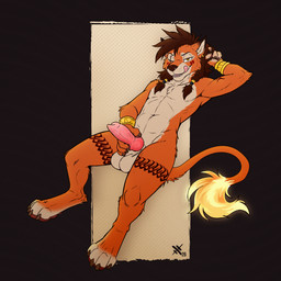 accessory animal_genitalia anthro athletic athletic_anthro athletic_male balls bracelet brown_hair claws ear_piercing erection eye_scar facial_scar finger_claws fur genitals hair hair_accessory hair_ring holding_penis jewelry knot knotted_penis licking licking_lips looking_at_viewer male nude nude_anthro nude_male one_eye_closed orange_body orange_fur paws penis piercing reclining scar sheath solo tail tail_tuft tattoo toe_claws tongue tongue_out tuft whisker_spots white_body white_fur yellow_eyes ferankee_(artist) final_fantasy final_fantasy_vii square_enix red_xiii felid feline mammal 1:1 digital_media_(artwork) hi_res