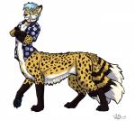 bell blue_hair blue_nose blue_pawpads chest_tuft clothed clothing collar eyewear glasses hair heterochromia male multi_tail open_clothing open_shirt open_topwear pawpads paws shirt solo tail topwear tuft likeshine neko_ed canid canine cheetah felid feline fox hybrid mammal taur absurd_res hi_res