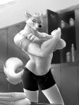 anthro biped bottomwear bulge clothing fur locker locker_room looking_at_viewer male muscular muscular_anthro muscular_male scar shirt shorts solo standing tight_clothing topwear towel white_body white_fur neph dustin_ashtail canid canine canis mammal wolf 3:4 hi_res monochrome