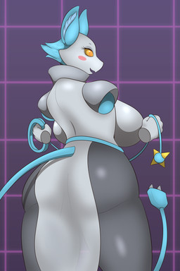 abstract_background anthro athletic athletic_anthro athletic_female back_boob belt big_breasts big_butt blue_body blue_hair blush blush_stickers bottomwear breasts butt butt_pose clothing collar curvy_figure cute_fangs dress electrical_plug fangs female floating_hands geometric_background glistening glistening_body glistening_breasts glistening_butt gradient_background grey_body grid_background hair holding_object huge_breasts huge_butt inner_ear_fluff loincloth long_tail looking_aside machine multicolored_body open_mouth pattern_background pose purple_background rear_view simple_background smile snout solo standing tail teeth thick_thighs tight_clothing translucent translucent_clothing tuft two_tone_body voluptuous whip white_body white_clothing wide_hips yellow_eyes johnmarten deltarune undertale_(series) tasque_manager domestic_cat felid feline felis mammal robot 2:3 absurd_res hi_res portrait three-quarter_portrait