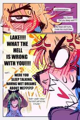 2_panel_comic angry anthro blonde_hair blush blush_lines bodily_fluids brown_body brown_fur clothing cross-popping_vein dialogue duo fur green_hair hair half-closed_eyes humor male narrowed_eyes raccoon_tail_hair shirt slightly_chubby slightly_chubby_anthro slightly_chubby_male speech_bubble stubble sweat sweatdrop tan_body tan_fur tank_top text topwear yelling gat0pussy24 demi_(gat0pussy24) lake_(gat0pussy24) lagomorph leporid mammal procyonid rabbit raccoon comic english_text hi_res nonbinary_(lore)