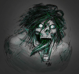 exposed_teeth glowing glowing_eyes humanoid_pointy_ears pale_skin pointed_tongue pointy_ears roaring solo teal_eyes tongue tongue_out lllannah attack_on_titan eren_jaeger humanoid monster titan_(attack_on_titan) 2014 green_theme monochrome