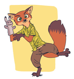 :3 ambiguous_gender anthro arm_tuft barefoot biped border bottomwear brown_ears cheek_tuft clothed clothing dipstick_tail elbow_tuft facial_tuft feet gloves_(marking) green_eyes hand_puppet looking_at_viewer markings multicolored_tail neck_tuft on_one_leg pants puppet shirt simple_background solo standing tail tail_markings topwear tuft white_border yellow_background fuel_(artist) disney zootopia nick_wilde canid canine fox mammal red_fox true_fox 2019 hi_res