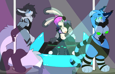 anthro areola big_breasts black_body black_clothing black_ears black_fur black_tail black_topwear blue_body blue_fur blue_tail bottomless breasts butt clothed clothing disc_jockey ear_tuft female foreskin fur fur_tuft genitals glowing glowing_eyes green_areola grey_ears group hair holding_pole huge_breasts hypnosis male markings mind_control neck_tuft one_breast_out penis pink_hair pole striped_markings striped_tail stripes stripper_pole tail tail_markings topless topwear tuft crisstail mythology lumikin domestic_cat dragon felid feline felis furred_dragon furred_scalie lagomorph leporid mammal mythological_creature mythological_scalie rabbit scalie absurd_res hi_res