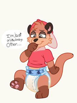 anthro backwards_cap backwards_hat bodily_fluids clothed clothing diaper genital_fluids hat headgear headwear male solo text unclean_diaper urine used_diaper using_diaper wearing_diaper wet_diaper wetting wetting_diaper backndiapers chester_the_otter 3:4 absurd_res english_text hi_res