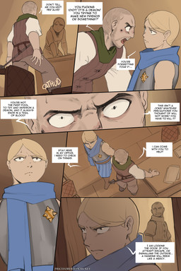 5_fingers angry armor blonde_hair blue_scarf blue_sky breastplate bruised bruised_face clothed clothing dialogue dialogue_box door fingers frown gloves grey_eyes hair handwear human_only inside light_body light_skin male not_furry profanity scarf sky speech_bubble text arbuzbudesh caska_(arbuzbudesh) human mammal 2025 2:3 colored comic english_text hi_res url