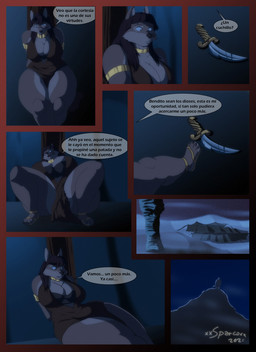 anthro big_breasts bound breasts brown_body brown_fur brown_hair clothing desert dress duo female footwear fur hair male melee_weapon night sand sandals shoes speech_bubble sword tent text thick_thighs weapon wide_hips xxsparcoxx acarius_medjay nineveh_(xxsparcoxx) teofacio_larna canid canine canis fox jackal mammal 2021 comic digital_media_(artwork) hi_res spanish_text